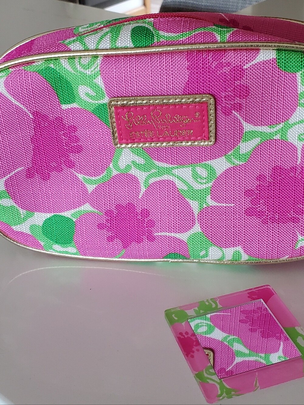 Lilly Pulitzer Pink and Green Floral Cosmetic Case Pouch with Gold Trim